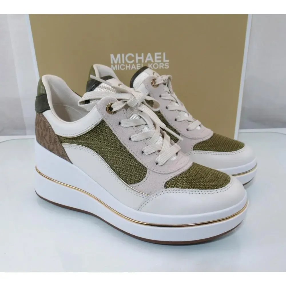 Michael Kors Emmy Wedge Trainer Lace Up Sneakers Leather Husk Multi - Picture 5 of 9